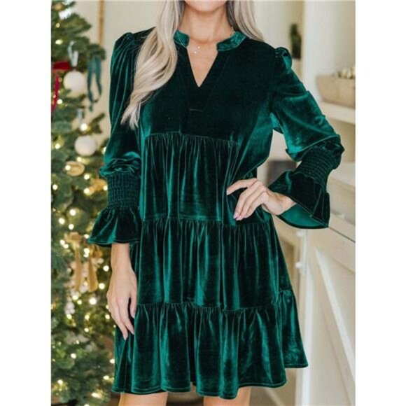 Velvet Tiered Notched Mini Dress - Picture 1 of 8